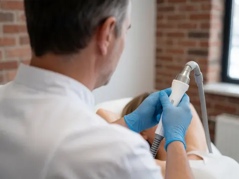 Un technicien portant un uniforme blanc et des gants bleus effectue une épilation laser dans une clinique avec un mur de briques rouges visible en arrière-plan.