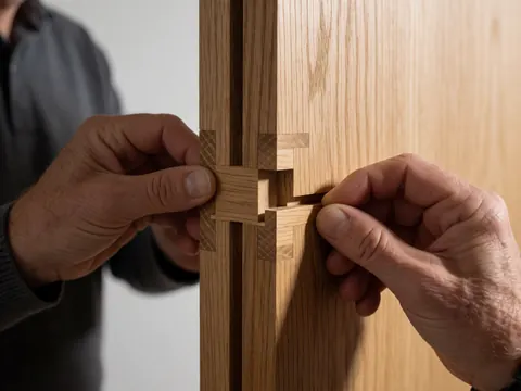 Détails d'une jonction en bois avec des mains adultes, texture naturelle, éclairage doux, travail de menuiserie de meubles.