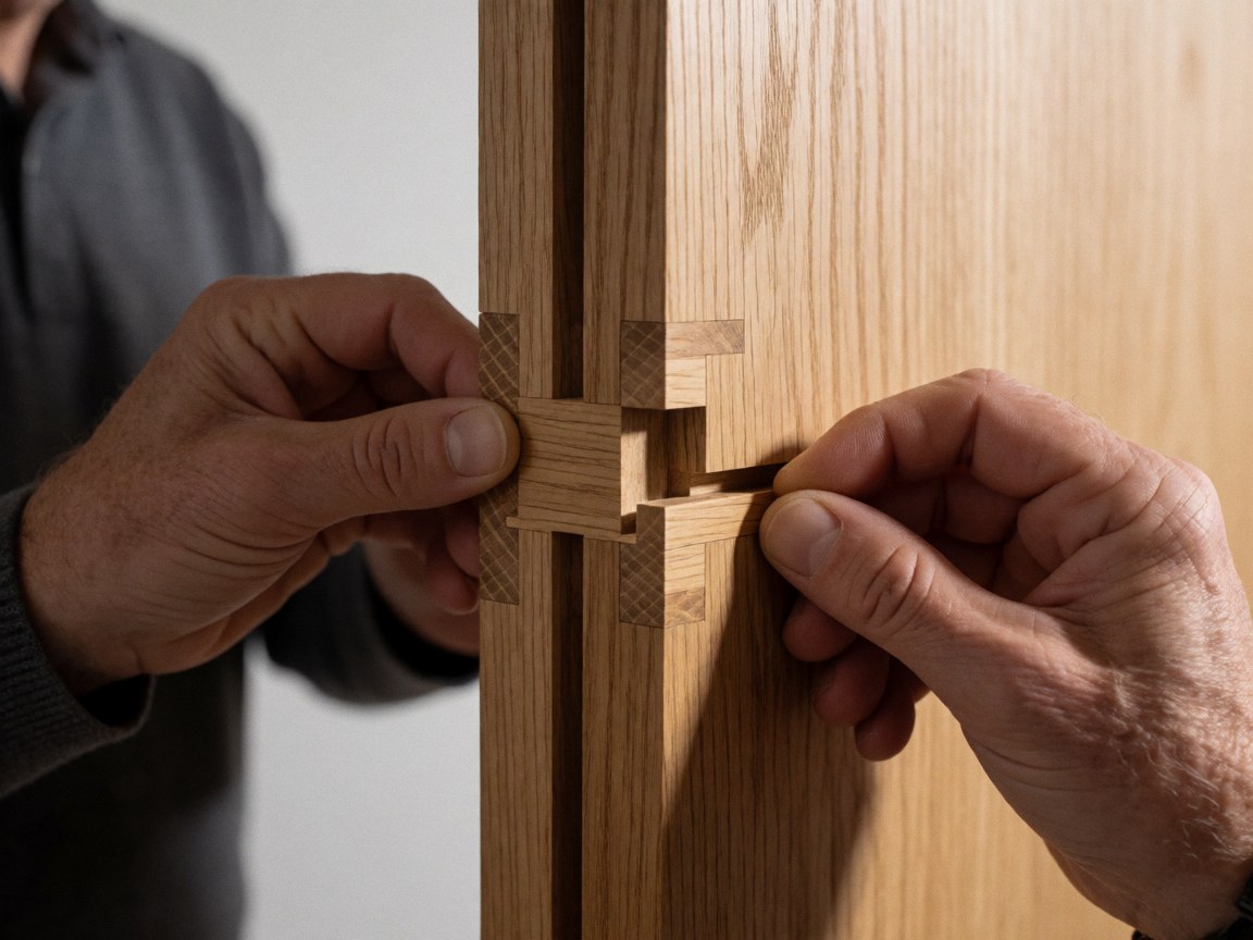 Détails d'une jonction en bois avec des mains adultes, texture naturelle, éclairage doux, travail de menuiserie de meubles.