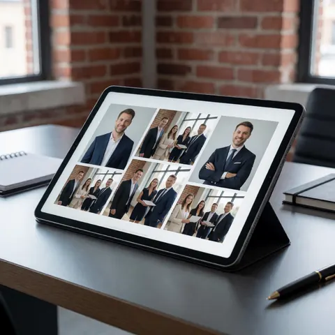 Une tablette posée sur un bureau en bois avec un mur de briques en arrière-plan, accompagnée d'un cahet et d'un stylo.