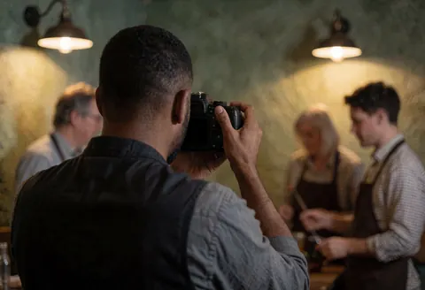 Photographe documentaire capturant une scène avec un appareil photo reflex dans un intérieur aux tons chauds, éclairage mural et personnes floues en arrière-plan.