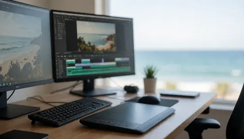Bureau de travail équipé de deux écrans et d'une tablette graphique, offrant une vue floue sur la mer en arrière-plan.