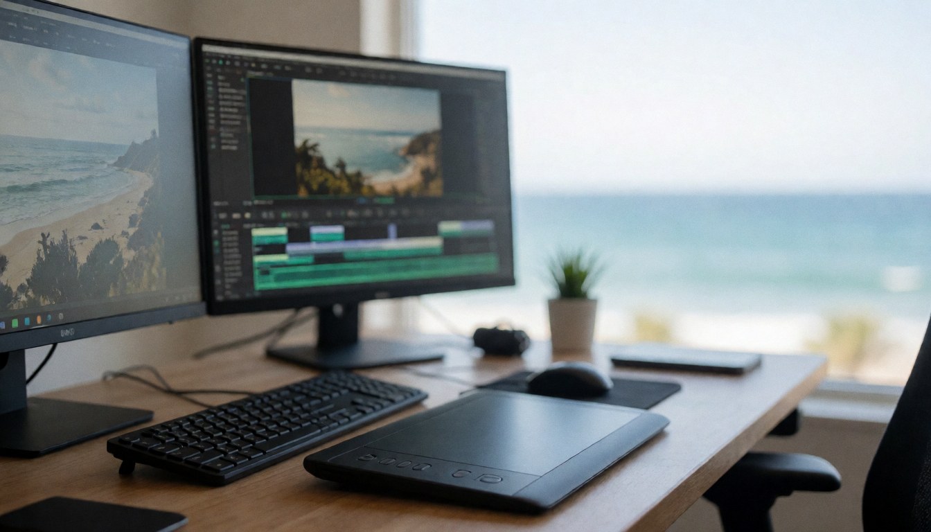 Bureau de travail équipé de deux écrans et d'une tablette graphique, offrant une vue floue sur la mer en arrière-plan.