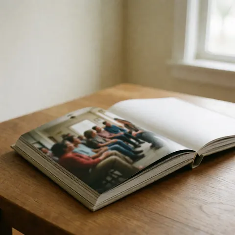 Un livre photo aux pages épaisses est ouvert sur une table en bois, baigné de lumière naturelle provenant d'une fenêtre, révélant une image floue de réunion.