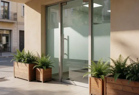 Façade d'une clinique d'homéopathie présentant une porte en verre, des plantes en pots en bois sur un sol carrelé beige, évoquant un environnement professionnel, lumineux et apaisant.