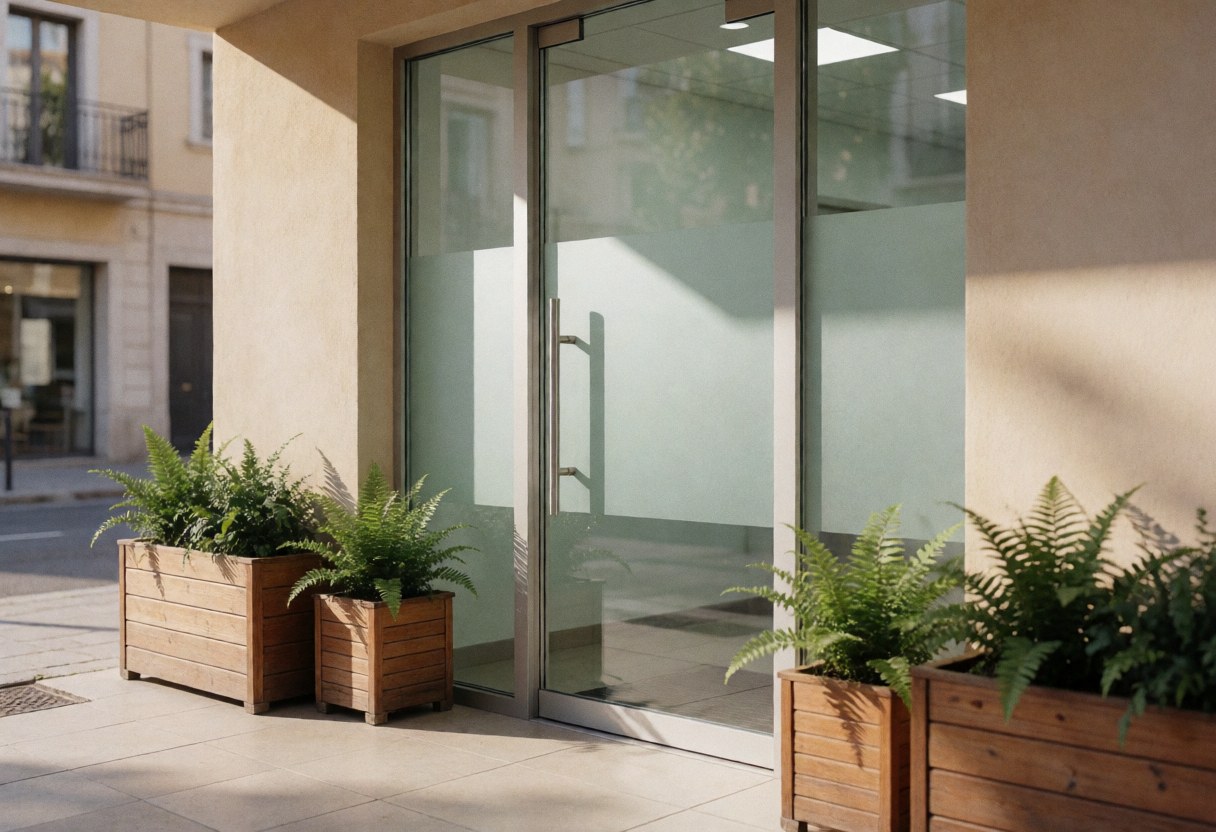 Façade d'une clinique d'homéopathie présentant une porte en verre, des plantes en pots en bois sur un sol carrelé beige, évoquant un environnement professionnel, lumineux et apaisant.