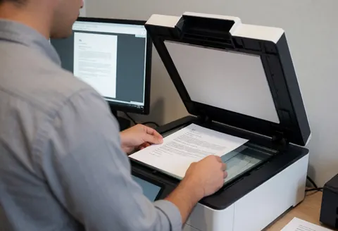 Un professionnel place un document sur le plateau d'une imprimante multifonction, avec un écran affichant l'aperçu dans un bureau lumineux aux murs gris.