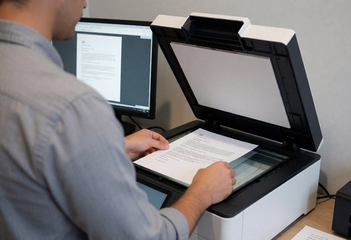 Un professionnel place un document sur le plateau d'une imprimante multifonction, avec un écran affichant l'aperçu dans un bureau lumineux aux murs gris.