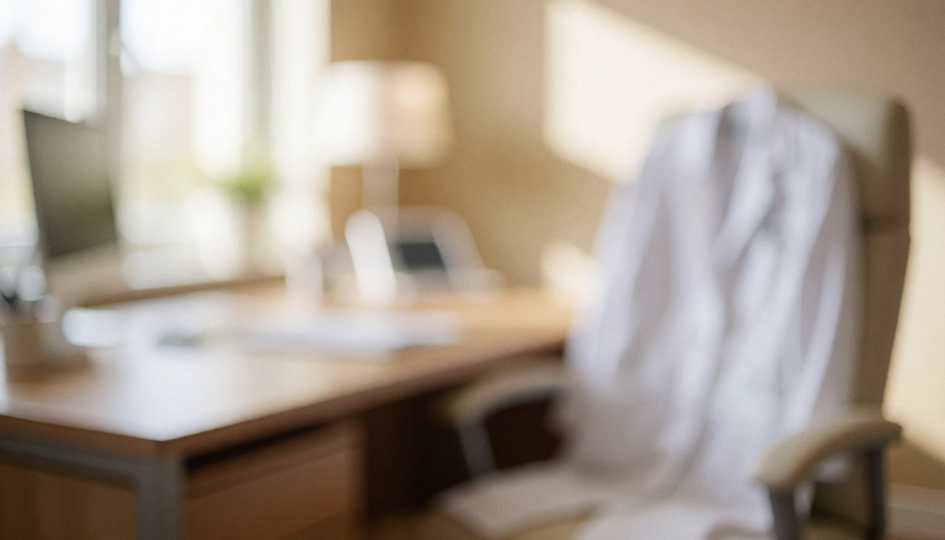 Fond de bureau médical avec chaise et blouse blanche, lumière chaude et ambiance professionnelle pour textes.