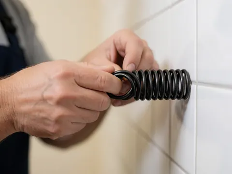 Une main ajuste un cordon métallique noir sur un mur de carreaux blancs, détail d'un outil de reliure professionnelle.