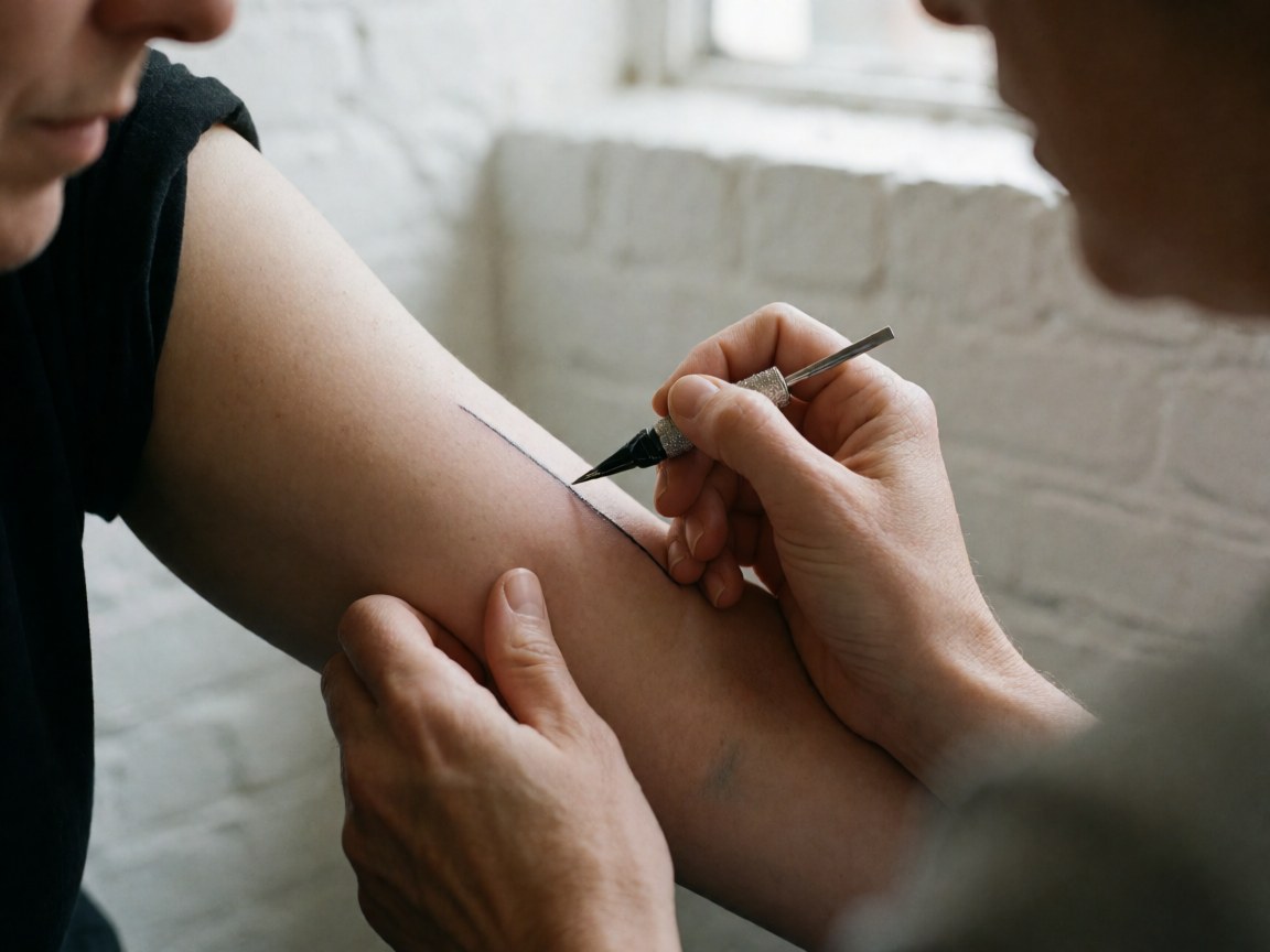 Un tatoueur professionnel trace une ligne noire précise avec une aiguille sur la peau d'un client, sur un fond de mur blanc.
