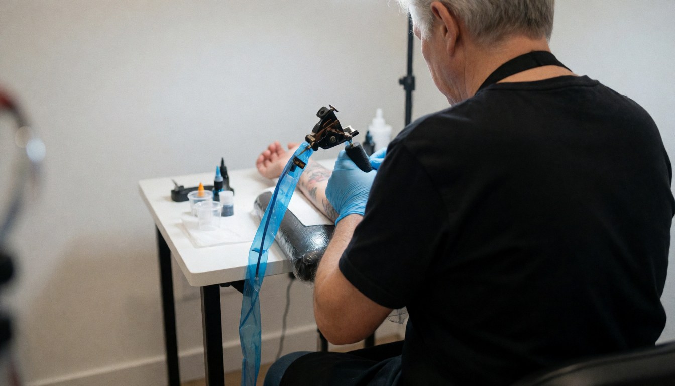 Un tatoueur professionnel avec des gants bleus applique de l'encre sur un bras posé sur une table blanche, entouré d'équipement stérile et d'un fond épuré.