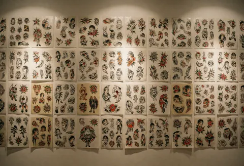 Paroi d'un studio de tatouage présentant plusieurs feuilles de design en style traditionnel, éclairage chaleureux et ordonné, sans personnes, idéal pour montrer la variété des styles.