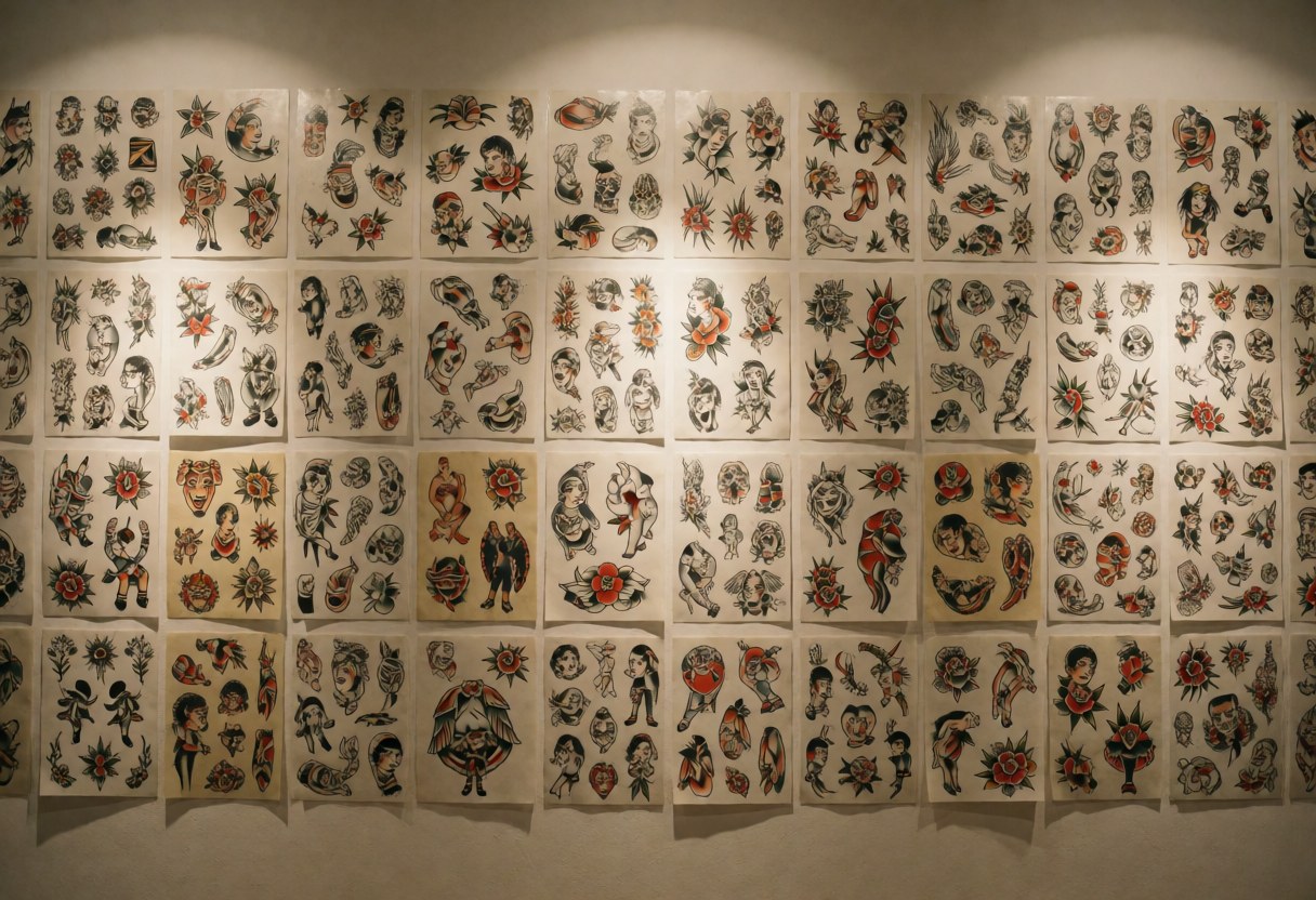Paroi d'un studio de tatouage présentant plusieurs feuilles de design en style traditionnel, éclairage chaleureux et ordonné, sans personnes, idéal pour montrer la variété des styles.