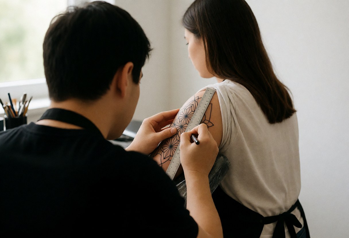 Vue arrière d'un artiste tatouant avec une règle sur l'épaule d'un client, en lumière naturelle devant un mur blanc, outils visibles.