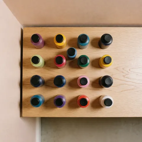 Vue de dessus de flacons d'encre aux couleurs vives posés sur une surface en bois clair, avec un fond beige doux et une éclairage uniforme.