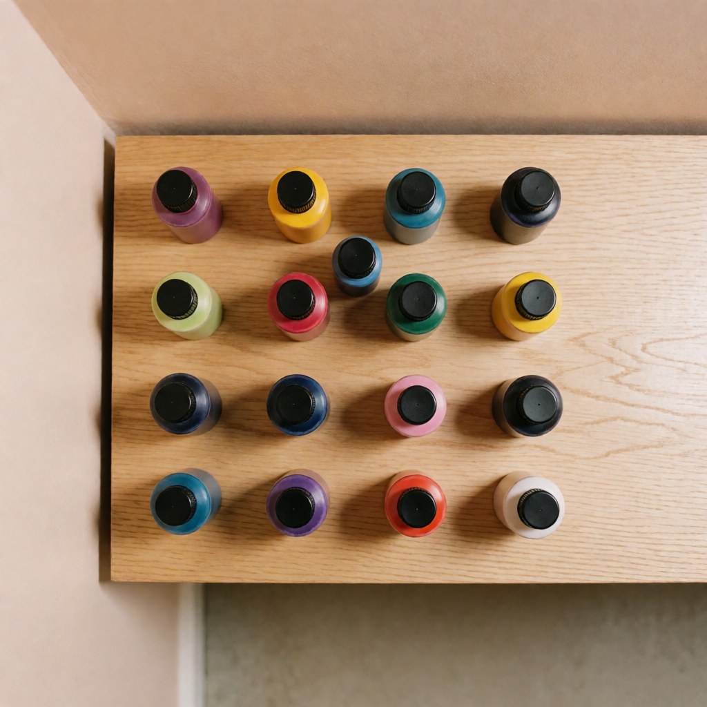 Vue de dessus de flacons d'encre aux couleurs vives posés sur une surface en bois clair, avec un fond beige doux et une éclairage uniforme.