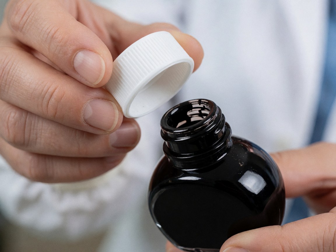 Des mains tenant et ouvrant une bouteille d'encre noire pour tatouage, avec un bouchon blanc et un liquide sombre sur un fond flou.
