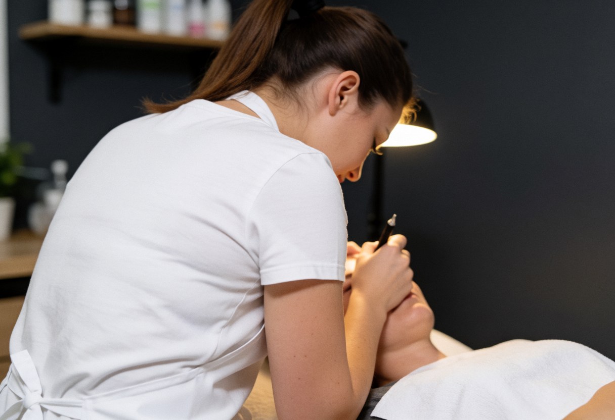 Technicienne en tablier blanc effectuant un soin de microblading sur le front d'une cliente, avec étagère de produits et mur gris en arrière-plan flou.