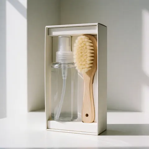 Une boîte blanche contenant un pinceau en bois et une bouteille transparente avec vaporisateur, posée sur une surface blanche éclairée par la lumière naturelle.