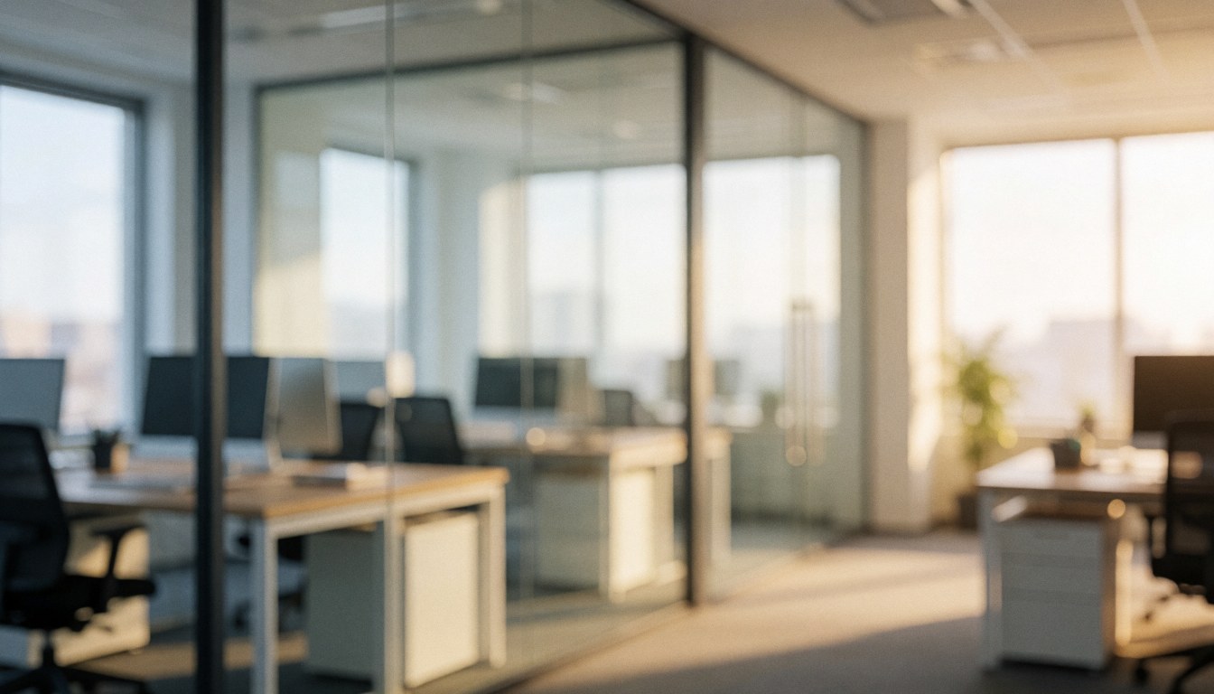 Espace de travail contemporain doté de parois en verre, de tables et de chaises, baigné d'une lumière chaude créant une atmosphère professionnelle et relaxante.