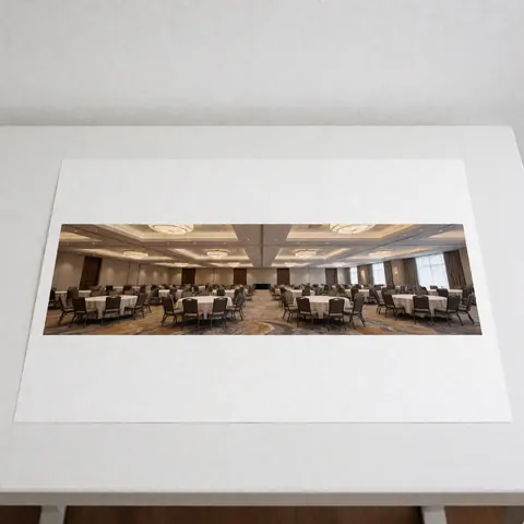 Vue panoramique d'un espace événementiel corporatif avec tables rondes et chaises disposées sur une surface blanche, idéal pour la photographie de produits.