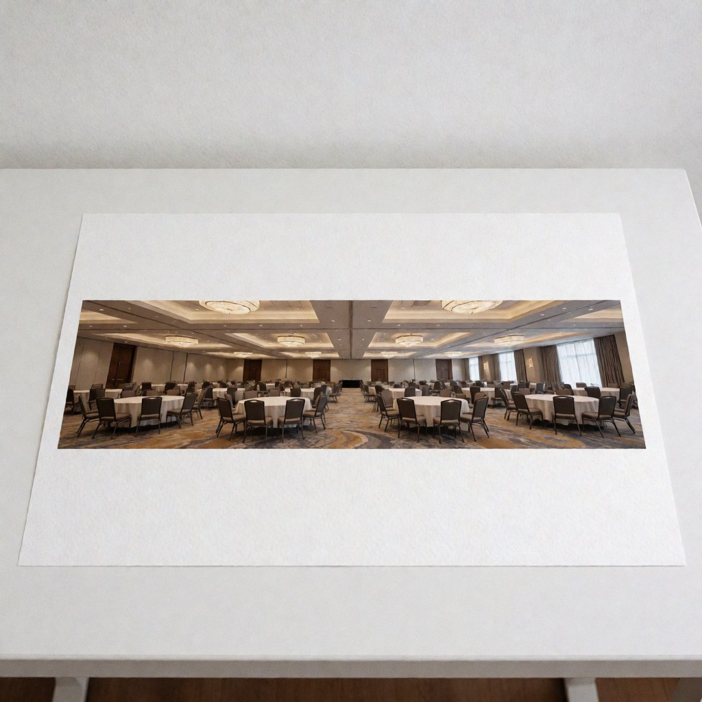 Vue panoramique d'un espace événementiel corporatif avec tables rondes et chaises disposées sur une surface blanche, idéal pour la photographie de produits.