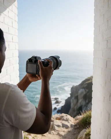 Un photographe professionnel tient un appareil photo face à une fenêtre murale blanche, offrant une vue sur un paysage côtier avec des rochers et des vagues.
