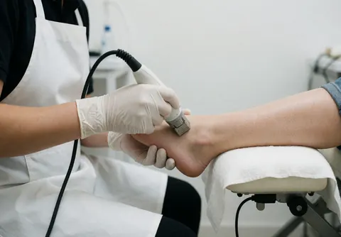 Technicien en gants blancs appliquant un dispositif électrique sur le pied d'un client posé sur une serviette blanche dans un salon de beauté au fond blanc.
