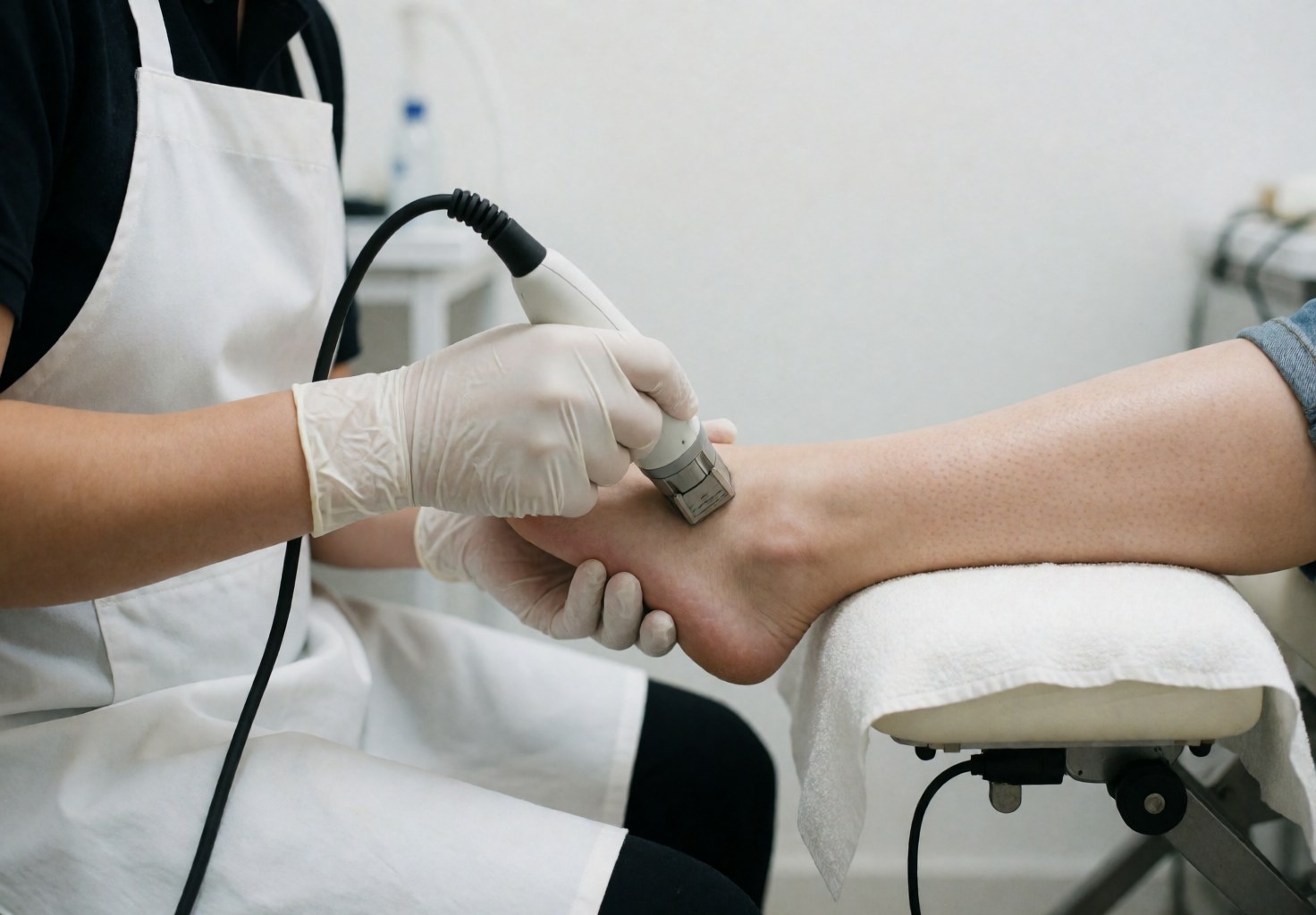 Technicien en gants blancs appliquant un dispositif électrique sur le pied d'un client posé sur une serviette blanche dans un salon de beauté au fond blanc.
