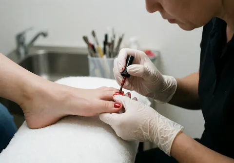 Une professionnelle portant des gants applique du vernis à ongles rouge sur un pied posé sur une serviette blanche, avec un lavabo et des outils en arrière-plan.
