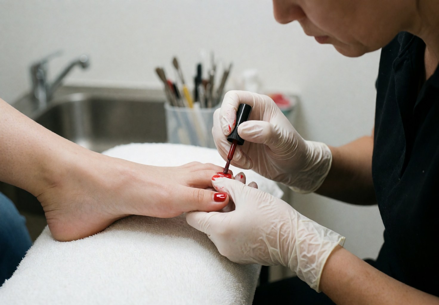Une professionnelle portant des gants applique du vernis à ongles rouge sur un pied posé sur une serviette blanche, avec un lavabo et des outils en arrière-plan.