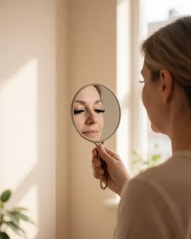 Une femme adulte observe son reflet dans un miroir à main, mettant en valeur des cils volumineux dans un studio lumineux aux murs clairs.