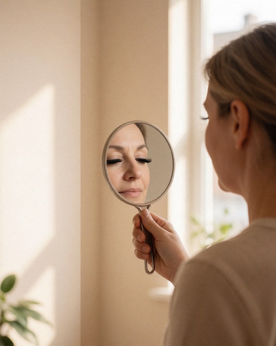 Une femme adulte observe son reflet dans un miroir à main, mettant en valeur des cils volumineux dans un studio lumineux aux murs clairs.