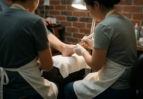 Une technicière en gants et tablier nettoie les ongles d'un pied posé sur une serviette blanche dans un salon au mur de briques.