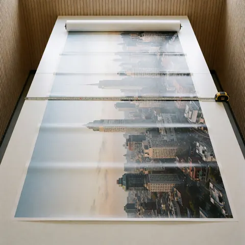 Vue de dessus d'une impression photo panoramique de ville posée sur une table blanche, accompagnée d'un mètre ruban jaune pour mesurer ses dimensions.