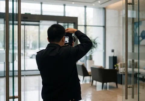 Un photographe ajuste sa caméra dans un hall d'entrée moderne avec des murs en verre et un mobilier élégant éclairé par la lumière naturelle.