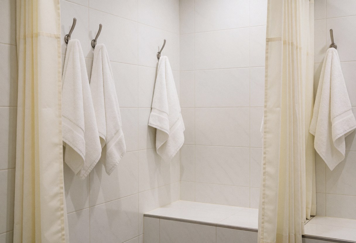 Intérieur d'une salle de douche équipée de rideaux et de serviettes blanches suspendues, murs carrelés blancs et banc en céramique pour un espace propre.