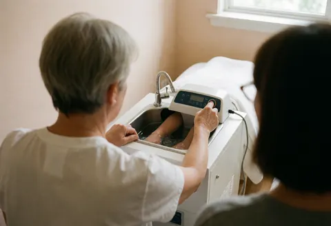 Une technicienne ajuste la température du bain de paraffine pour les pieds, dans un espace lumineux et propre.