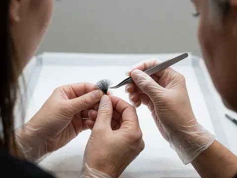 Technique professionnelle de séparation des cils postiches avec des pinces, mains gantées sur fond blanc stérile, éclairage clinique mettant en valeur le produit.