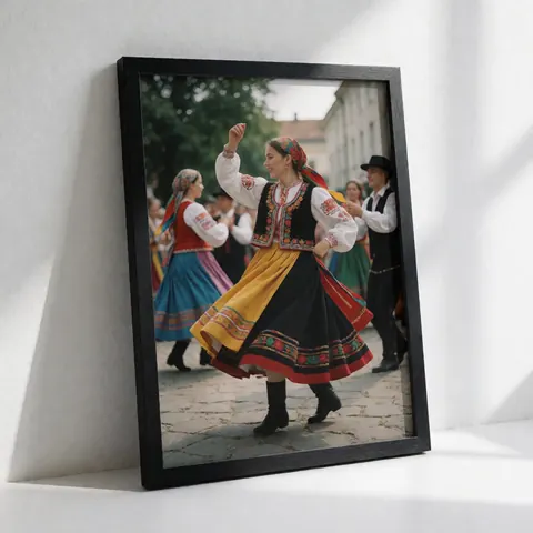 Photo encadrée d'une danse folklorique sur une rue pavée, avec lumière naturelle et couleurs vives, idéale pour décoration ou galerie.
