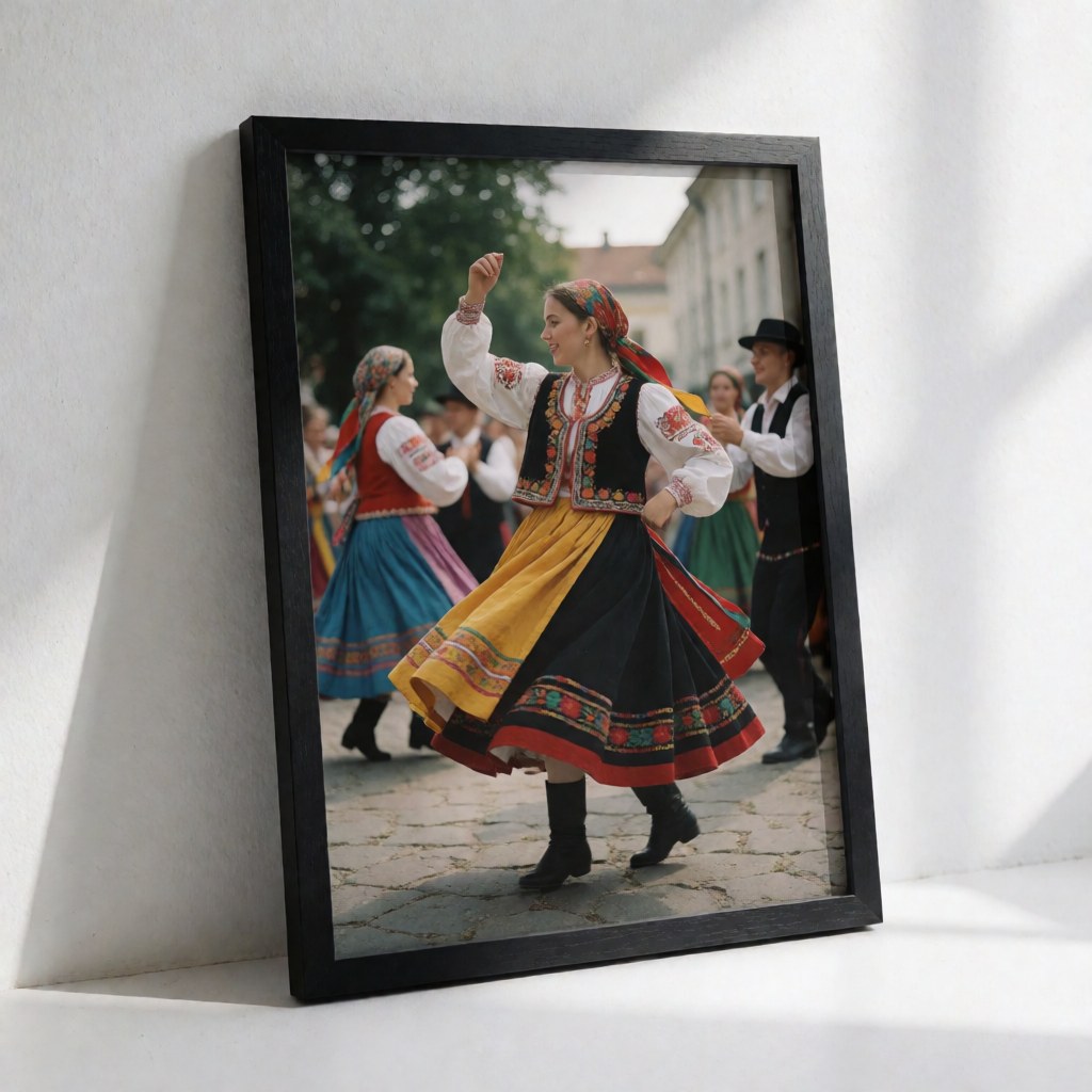 Photo encadrée d'une danse folklorique sur une rue pavée, avec lumière naturelle et couleurs vives, idéale pour décoration ou galerie.