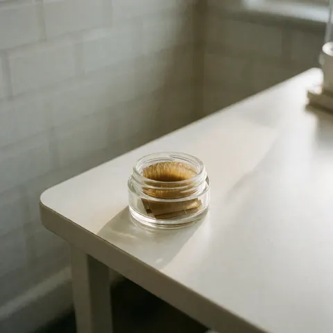 Un bocal rempli de fausses cils posé sur une table blanche devant un mur de carreaux blancs éclairé par la lumière naturelle, mettant en valeur un produit de beauté.