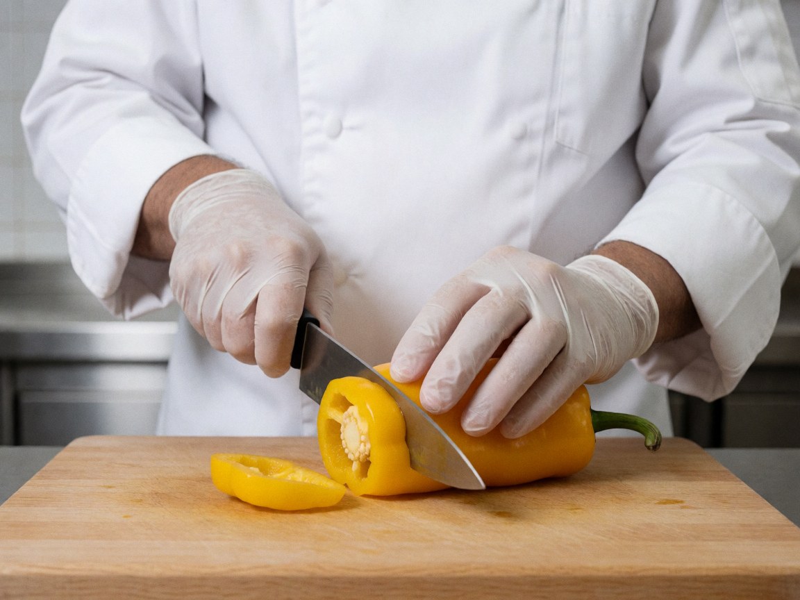 Un chef portant des gants blancs coupe un piment jaune vif sur une planche en bois dans une cuisine professionnelle aux murs carrelés et à l'arrière-plan métallique flou.