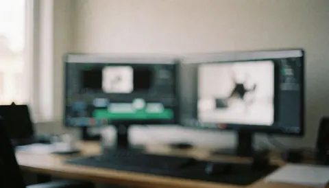 Fond professionnel de studio d'édition avec deux écrans et bureau, idéal pour textes, éclairage doux et ambiance sereine.