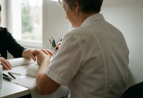 Une manucuriste professionnelle applique un soin sur la main d'une cliente dans un salon de beauté éclairé par la lumière naturelle.