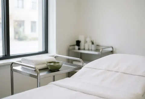 Salle de soin propre avec chariot métallique, masque à l'argile verte, serviettes blanches et table de massage. Fenêtre laissant entrer la lumière naturelle. Ambiance professionnelle et calme.