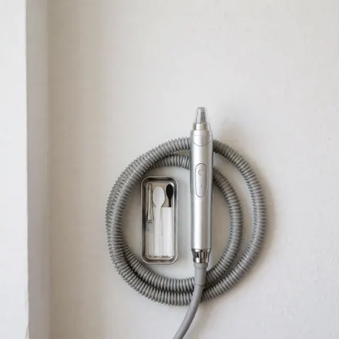 Appareil de microdermabrasion avec câble et accessoires disposés sur un plateau métallique devant un mur blanc, éclairage professionnel.