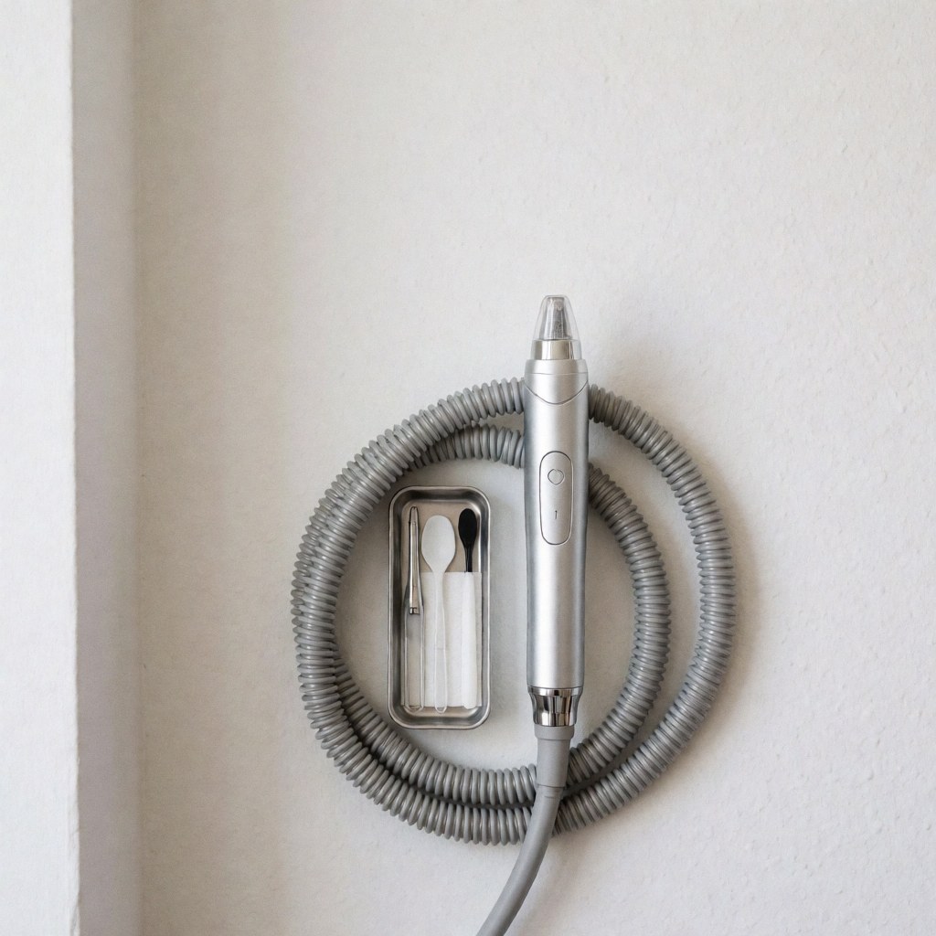 Appareil de microdermabrasion avec câble et accessoires disposés sur un plateau métallique devant un mur blanc, éclairage professionnel.