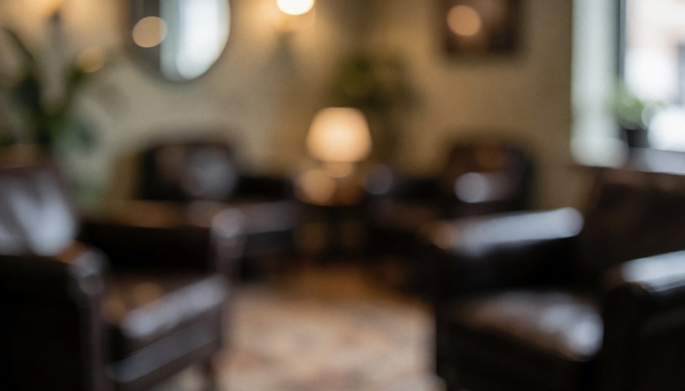 Arrière-plan flou d'un salon d'attente professionnel avec des fauteuils en cuir sombre, une lampe et des murs aux tons chauds.